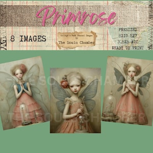 May include: Digital collage sheet titled "Primrose" featuring three fairy illustrations in pink and blue dresses with large wings. The sheet includes text that reads "8 Images" and "Ready to Print."
