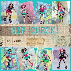 HIP KARO DERBY Mädchen Rollschuh Punk-Haltung bevollmächtigt Junk Journal Scrapbooking Collage atc, journal card printable Instant Download