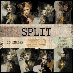 May include: A collage of 16 images featuring split portraits with a vintage aesthetic. The word "SPLIT" is prominently displayed, along with text indicating the images are for a junk journal. Sizes include 8x10, 5x7, 3.5x5, and ATC.
