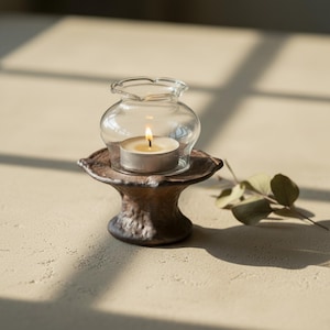 Wabi Sabi Glass & Clay Tealight Holder, Brutalist Primitive Candle Holder, Zen Altar Decor, Minimalist Ceramic Object Meditative Ritual Gift