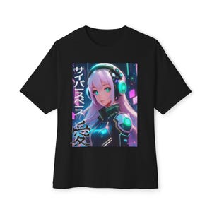 May include: Black t-shirt with a graphic print of an anime character with pink hair wearing headphones. The text "サイバーミステリー 愛" is printed on the shirt.
