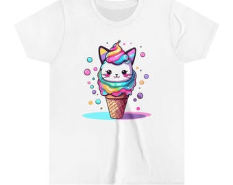 Kawaii Rainbow Cat Ice Cream Kids' Tee, Kids' Cute Cat Shirt, Kawaii Kids' Tshirt, Soft Comfy Rainbow Kids' Top, Cute Kids' Ice Cream Tee