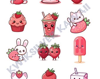 Strawberry Kawaii Clip Art, Kawaii Strawberry Clip Art, Strawberry Digital Stickers