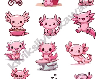 Kawaii Axolotl Clip Art, Pink Axolotl Digital Stickers, Cute Kawaii JPGs and PNGs, Printable Stickers