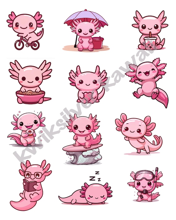 Kawaii Axolotl Clip Art, Pink Axolotl Digital Stickers, Cute Kawaii JPGs and PNGs, Printable Stickers