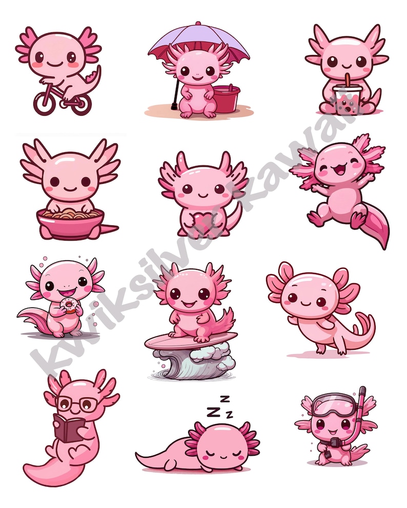May include: A set of ten adorable pink axolotl illustrations with different activities, including riding a bike, holding a heart, drinking bubble tea, eating noodles, eating a donut, surfing, reading a book, sleeping, and snorkeling.