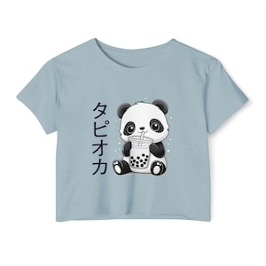 Top curto panda kawaii, camiseta curta panda fofa, camiseta de personagem japonesa, panda bebendo chá de boba, presente kawaii, presente de urso panda