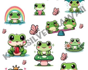 Imágenes prediseñadas de ranas kawaii, lindas pegatinas digitales de ranas