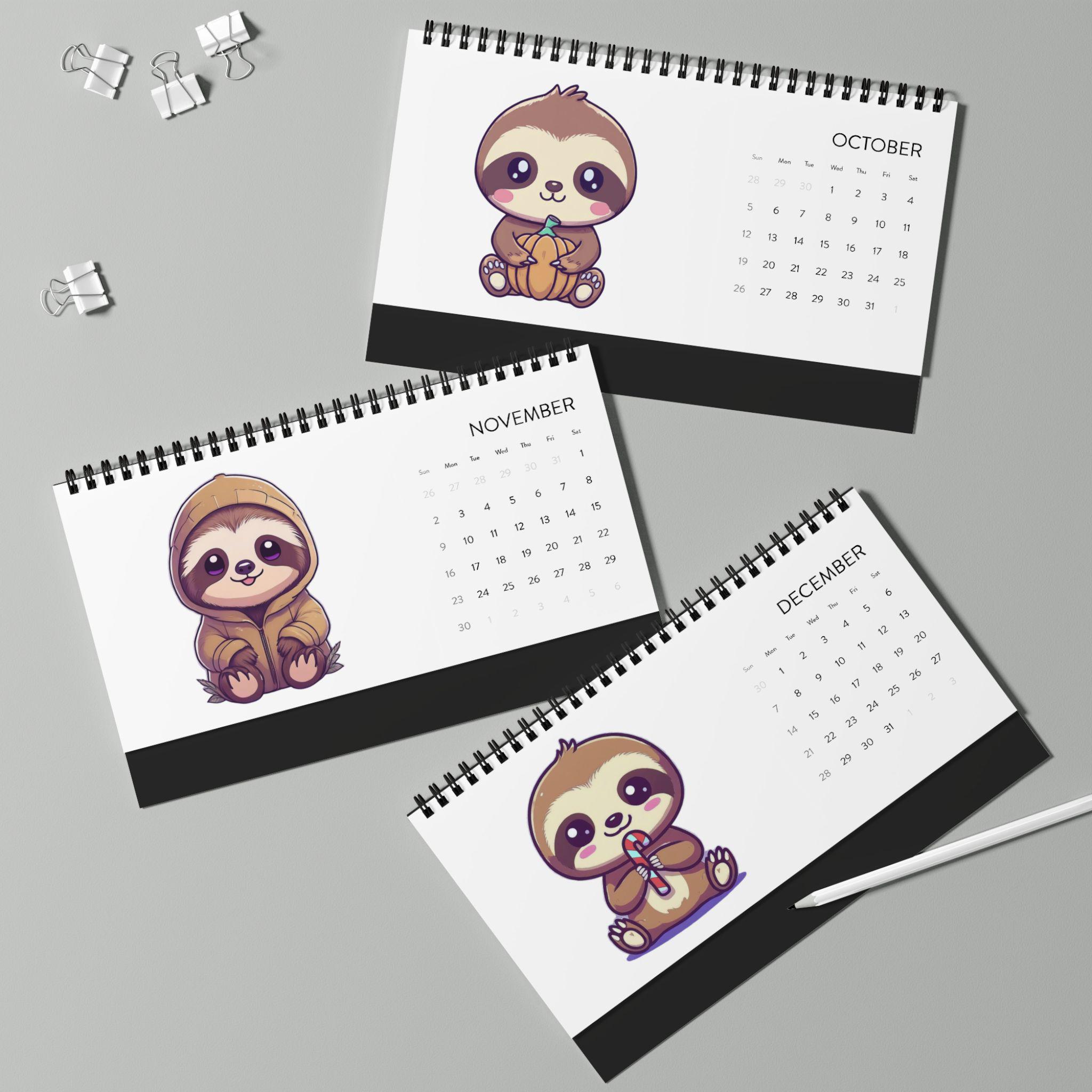 Kawaii Sloth 2025 Desktop Calendar, Cute Sloth Calendar 2025, Sloth