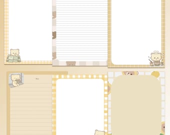 May include: Set of six printable planner pages with a cute bear theme. Each page has a different pattern, including gingham, stripes, and solid colors. The pages are perfect for adding to your planner or journal.