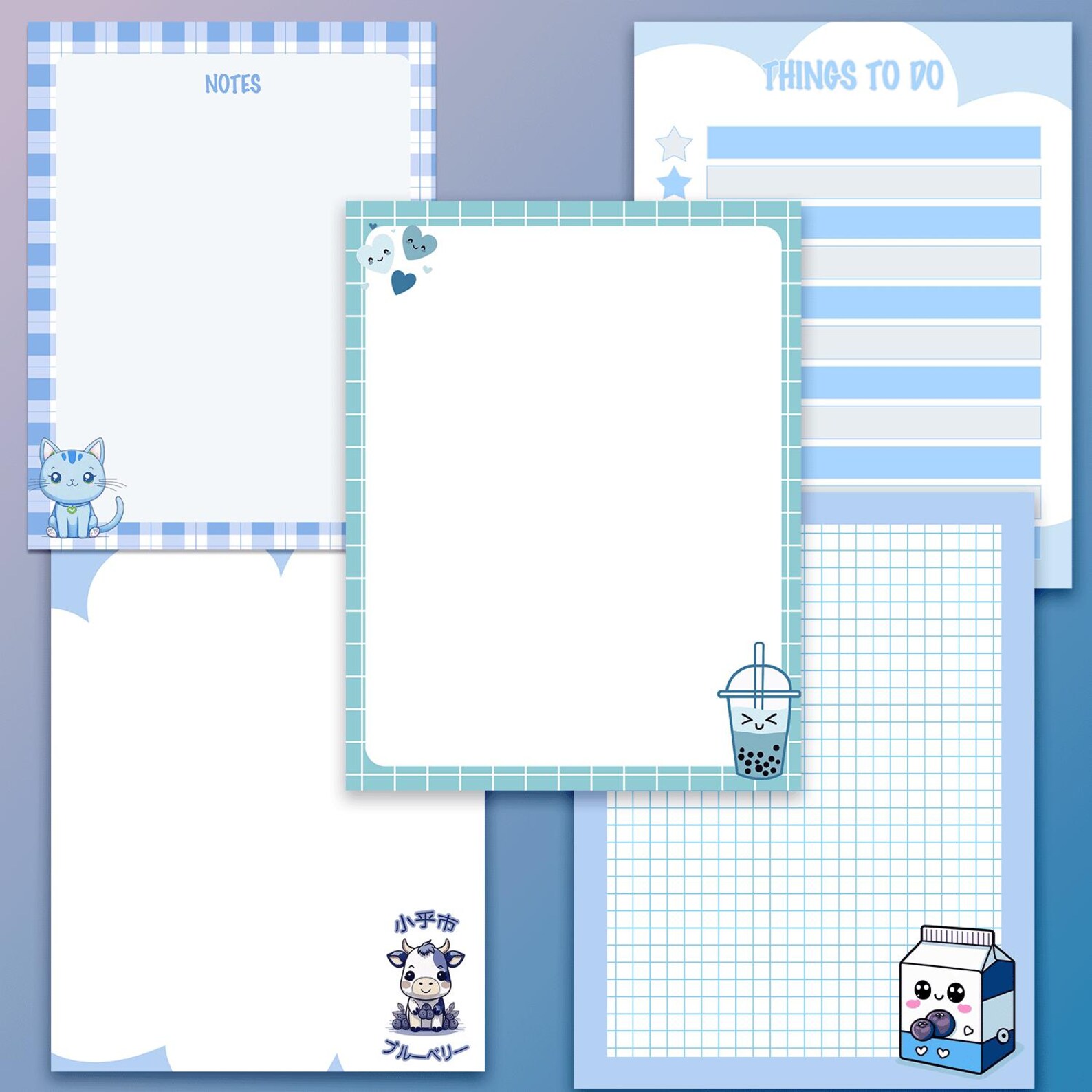 Printable Kawaii Blueberry Stationery, Digital Download Stationery in 4 ...