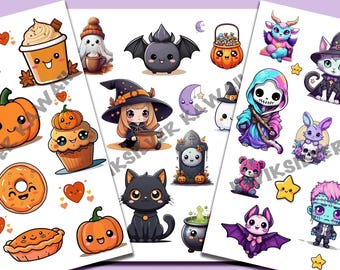 PAQUETE: los 3 clip art de Halloween, calabazas, Halloween y pegatinas digitales lindas de estilo gótico pastel kawaii
