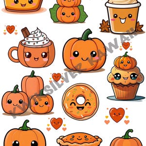 Clip Art de abóbora kawaii, adesivos digitais de abóbora, clip art de especiarias de abóbora, clip art de outono, clip art de Halloween