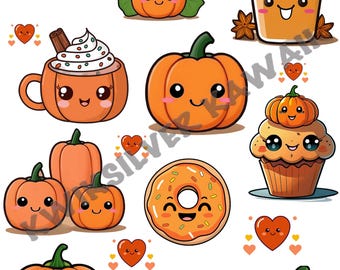Kawaii Pumpkin Clip Art, Pumpkin Digital Stickers, Pumpkin Spice Clip Art, Fall Clip Art, Halloween Clip Art