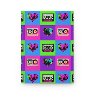 May include: A colorful pattern of pink, blue, green, and purple squares with a repeating design of hearts and cassette tapes. The hearts are black with white paint splatters and the cassette tapes are pink with green and yellow accents.