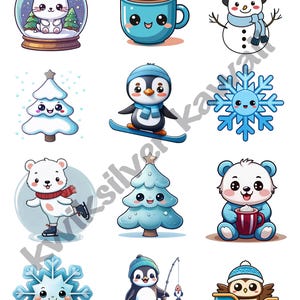 Kawaii Winter Clip Art, Süße Winter Kawaii Digitale Aufkleber, Weihnachten Kawaii Clip Art, Blau und Weiß PNG