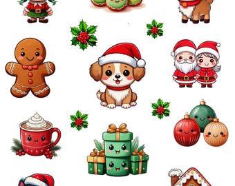 Kawaii kerstclipart, schattige digitale kerststickers