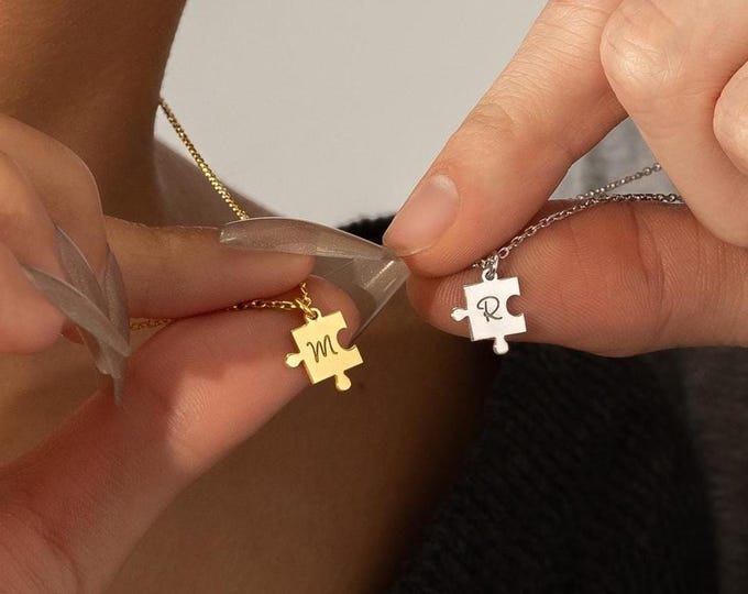 Puzzle Piece Initial Necklace, Couple Matching Necklaces, Personalized Gift for Her & Him, Gold Silver Friendship Jewelry, BFF Necklace
