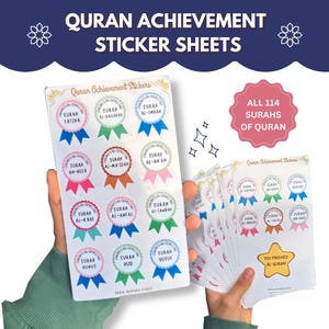 May include: Quran Achievement Sticker Sheets. The sheets feature colorful stickers with the names of Surahs. The text on the sheets reads "Quran Achievement Stickers" and "All 114 Surahs of Quran".