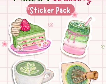 Pacote com 4 adesivos de morango e matcha | Conjunto de adesivos de matcha latte | Artigos de papelaria para presente | Adesivos de sobremesa de chá verde | Adesivos para laptop e garrafa de água