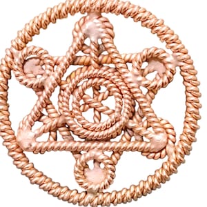 May include: A copper-colored metal pendant with a circular design featuring a six-pointed star shape created from interwoven rope-like strands.