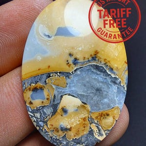 Może przedstawiać: Owalny kamień szlachetny o unikalnym wzorze. Kamień charakteryzuje się mieszanką kolorów, w tym żółtym, niebieskim, szarym i brązowym. Powierzchnia ma teksturowany wygląd z jasnymi i ciemnymi obszarami. Kamień jest trzymany przez dłoń, widoczna jest czerwona pieczęć z tekstem.