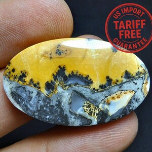 May include: An oval gemstone with a distinctive pattern. The top half is a vibrant yellow, transitioning to grey and black at the bottom. The stone features intricate black and gold speckling throughout. The image includes a red circle with the text "US IMPORT TARIFF FREE GUARANTEE."