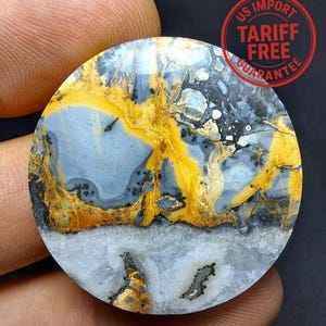 Può includere: Una gemma rotonda e lucidata con un motivo unico. La pietra presenta una miscela di colori grigi, gialli e neri, con un aspetto marmorizzato. Un cerchio rosso con il testo "US Import Tariff Free Guarantee" è visibile.
