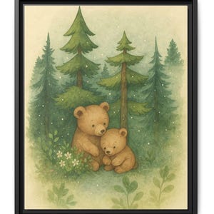 Forest Snuggles,  Woodland Bear Nursery Art Print, Mama & Baby Bear Wall Decor, Cute Animal Illustration for Kids&#39; Rooms or Baby Gifts