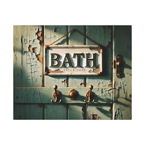 Vintage Bathroom Sign with Hooks  Rustic Farmhouse Wall Decor, Metal BATH Door Hanger, Shabby Chic Bathroom Hook