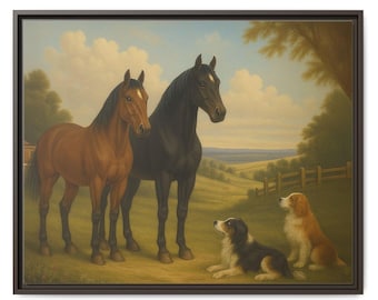 May include: A framed painting depicts two horses, one brown and one black, standing in a field. Two dogs, a black and white Border Collie and a golden retriever, are in the foreground. The background shows a rural landscape with a fence and trees.