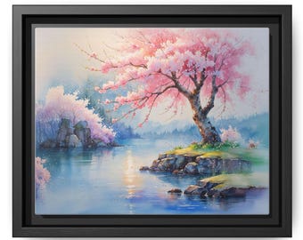 May include: A watercolor painting of a pink cherry blossom tree in full bloom, with a lake in the foreground and rocky shores. The tree is in the center of the painting, with its branches reaching out towards the viewer. The lake is a light blue color, and the rocks are a dark gray color.