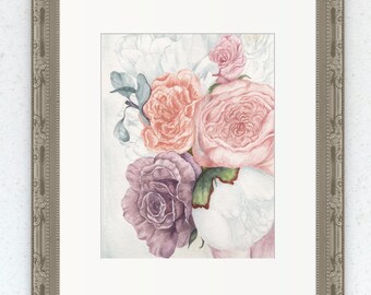 Impresión romántica de acuarela de rosas blancas y rosas: elegante arte floral para pared, decoración botánica para el hogar, regalo para amantes de las flores.