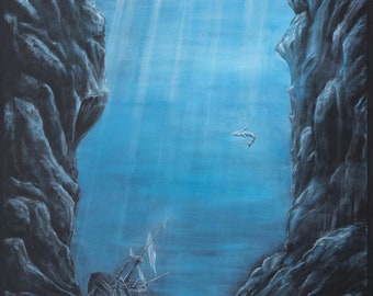 Sunken Ship Underwater Art Print – Ocean Wall Decor, Nautical Painting, Deep Sea Cave, Shipwreck Art, Marine Home Decor