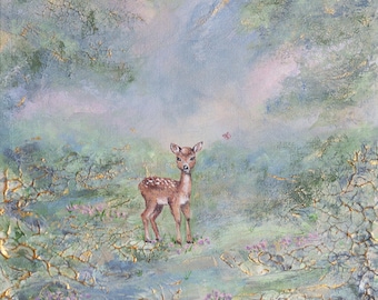 Whimsical Deer Print – Acrylic Painting of Baby Fawn in Enchanted Meadow, Woodland Nursery Wall Art, Nature-Inspired Home Decor