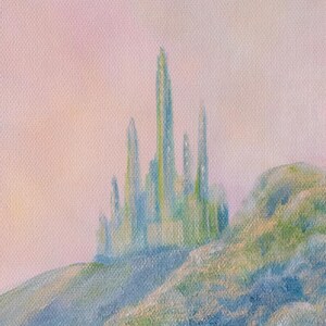 May include: An abstract painting of a cityscape on a hill. The artwork features a pastel color palette with shades of blue, green, and pink. The buildings are tall and slender, with a soft, blurred appearance.