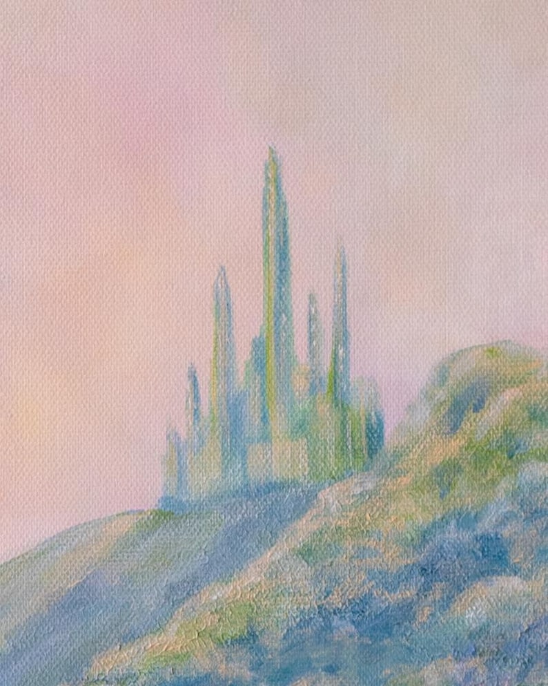 May include: An abstract painting of a cityscape on a hill. The artwork features a pastel color palette with shades of blue, green, and pink. The buildings are tall and slender, with a soft, blurred appearance.