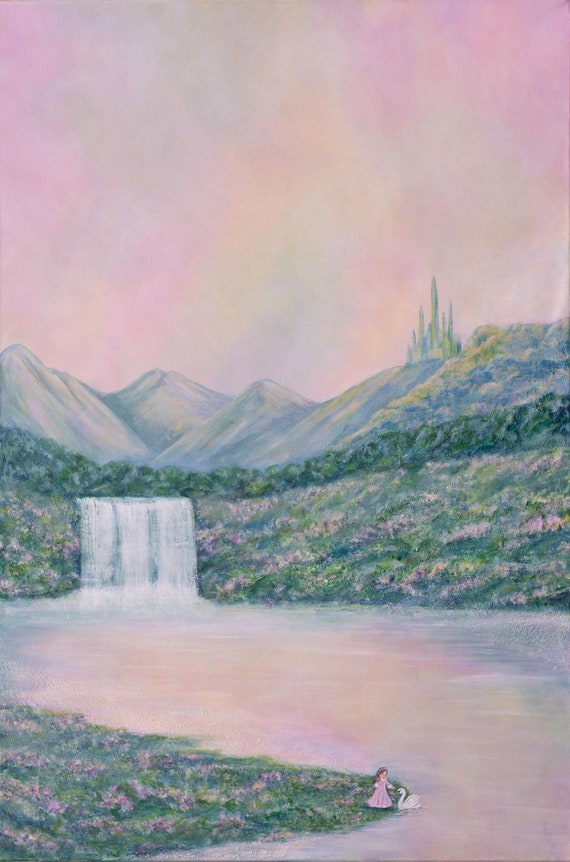 Enchanted Waterfall Castle Fantasy Art Print – Pastel Landscape Wall Decor, Fairy Tale Princess & Swan Painting