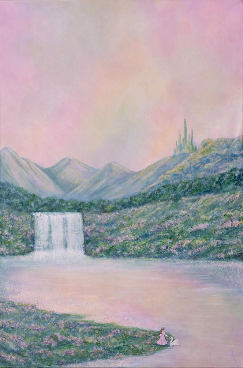 May include: An oil painting depicts a serene landscape with a waterfall cascading into a lake. Mountains and a distant castle are visible under a soft pink sky. A figure in a pink dress stands near a swan.