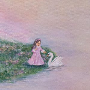 May include: A painting depicts a young person in a pink dress interacting with a white swan near a body of water. The scene is set against a soft, pastel-colored background, with green grass and purple flowers on the bank.