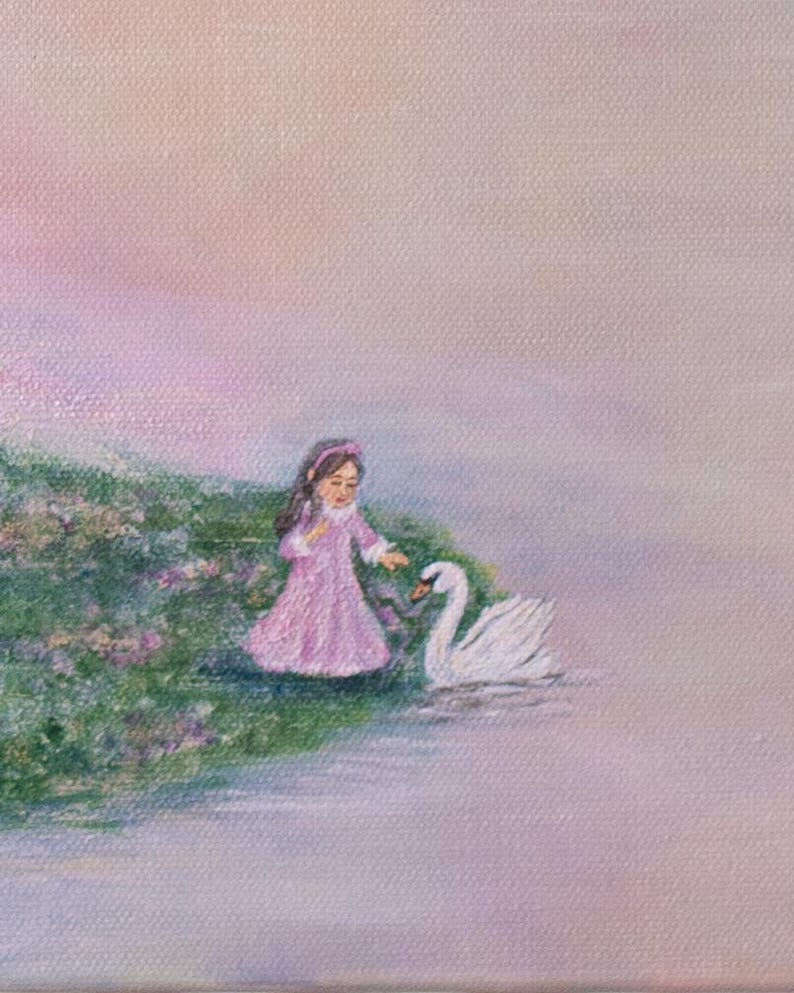 May include: A painting depicts a young person in a pink dress interacting with a white swan near a body of water. The scene is set against a soft, pastel-colored background, with green grass and purple flowers on the bank.