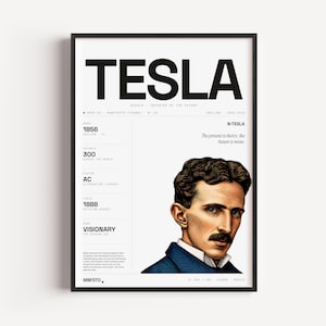 Puede incluir: Un póster enmarcado con un retrato de Nikola Tesla con el texto TESLA, NIKOLA INVENTOR OF THE FUTURE, y datos biográficos que incluyen 1856, 300 patentes, AC, y la cita The present is theirs; the future is mine en blanco y negro.