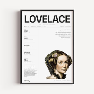 Puede incluir: Un póster enmarcado que presenta un retrato de Ada Lovelace con el texto LOVELACE, ADA THE FIRST PROGRAMMER, y detalles biográficos que incluyen su año de nacimiento 1815, el año 1843 y una cita sobre la Analytical Engine que teje patrones.