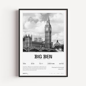 Puede incluir: Una lámina artística enmarcada en blanco y negro que muestra la torre del reloj Big Ben en Londres. La impresión incluye el texto BIG BEN, ELIZABETH TOWER, 1859 y especificaciones técnicas como 96 M de altura, 13,7 T de peso de la campana, material caliza y estilo gótico.