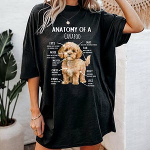 May include: Black t-shirt with a graphic of a Cavapoo dog and a diagram of its anatomy. The text on the shirt reads "Anatomy of a Cavapoo" and labels the dog's body parts, including its eyes, nose, mouth, chest, paws, belly, legs, ears, and tail.