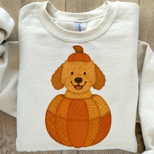 May include: Cream-colored sweatshirt featuring a cartoon dog dressed as a pumpkin. The dog has brown fur, a pumpkin hat, and is inside an orange pumpkin with stitched patchwork details. A cozy fall-themed design.