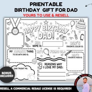 Happy Birthday Dad Coloring Page, Birthday Dad Placemat Activity Sheet, All About Fill-in-blanks, Dad Card, Dad’s printable gift for Kids