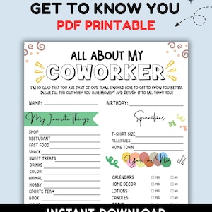 Employee Favorite Things Survey: Coworker Questionnaire (PDF Printable)