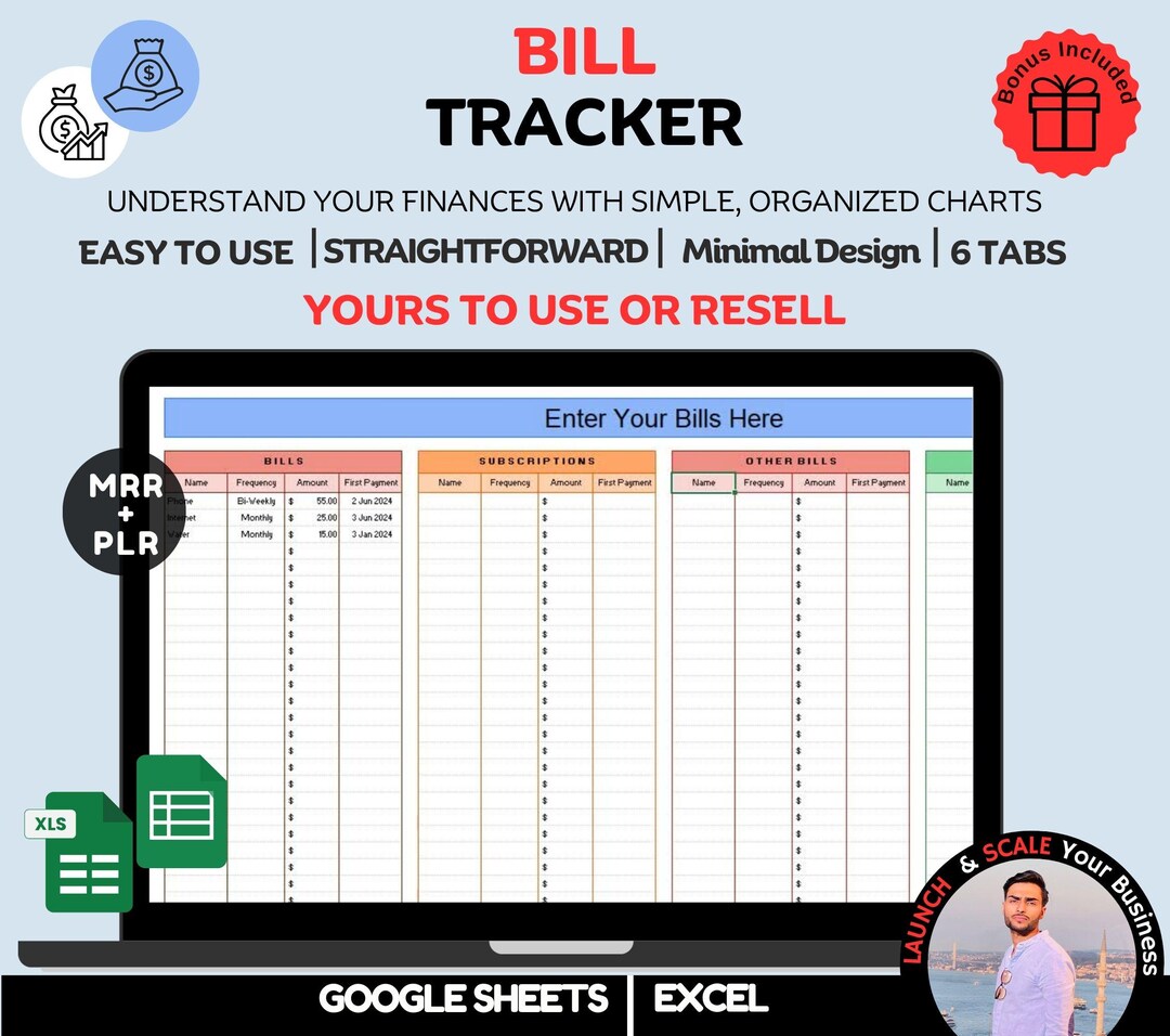 Bill Tracker Spreadsheet Google Sheets, Excel Bill Calendar Monthly ...