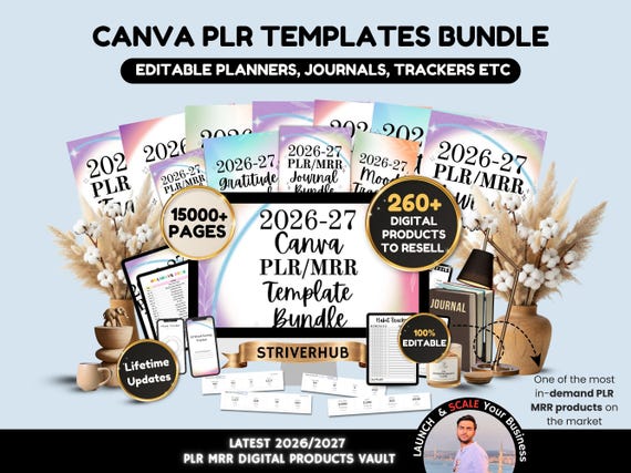 Canva PLR Templates Bundle, 15000+ Editable Planners, Journals, Trackers Templates, MRR Digital Products, Master Resell Rights, Plr Template